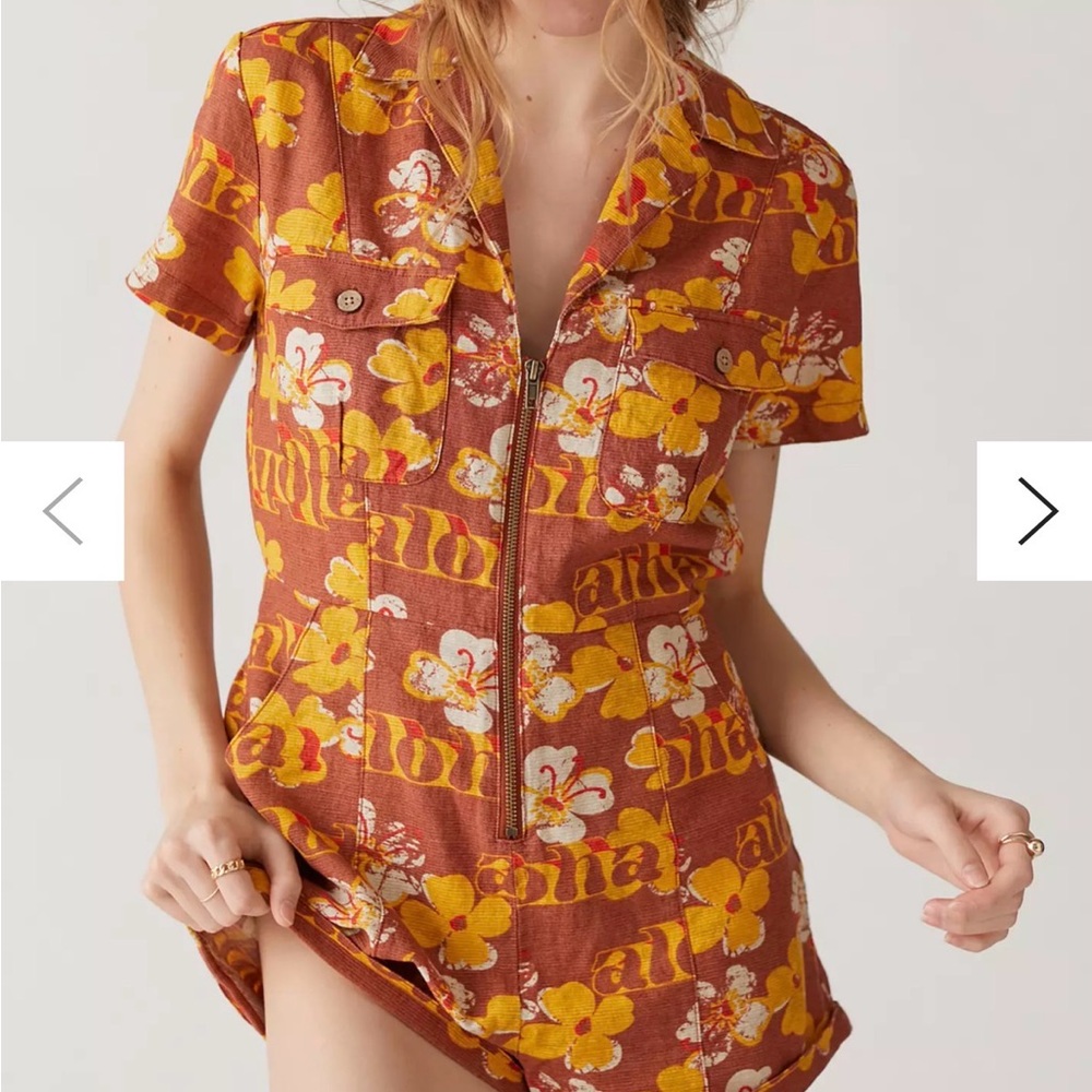 Urban Outfitters Rust & Yellow Floral Zip-Front Romper